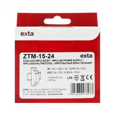 Zasilacz impulsowy montowany na szynie TH-35 (DIN) 15W 24V DC TYP: ZTM-15/24 ZAMEL (EXT10000280-WUN)